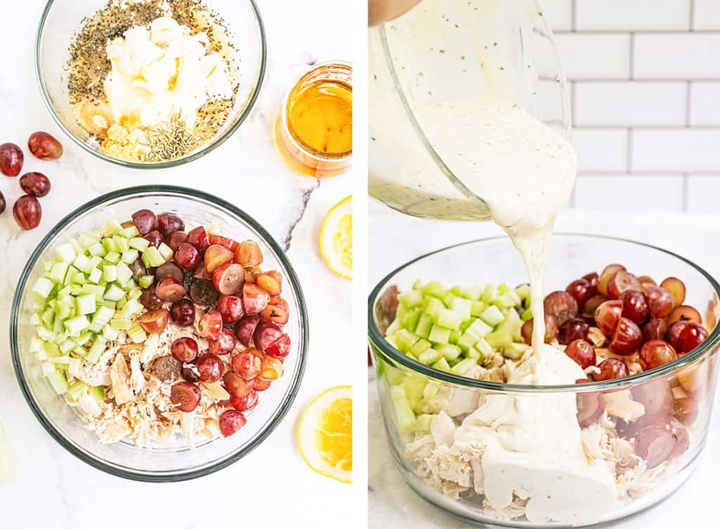 The ingredients for the Napa Almond Chicken Salad in a bowl and the dressing is poured over the top.