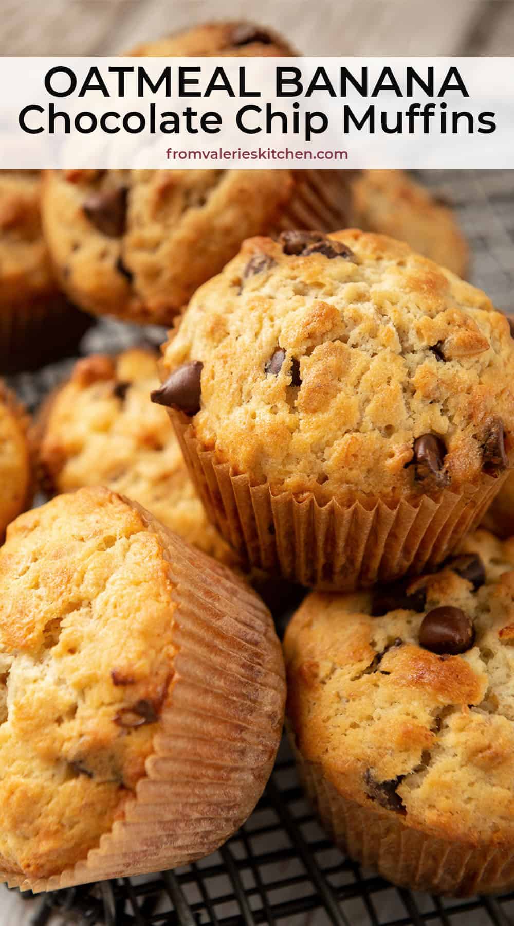 A pile of Oatmeal Banana Muffins with Chocolate Chips with text overlay.