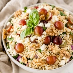 The orzo pasta salad in a white serving bowl with grapes and lemons placed around it.