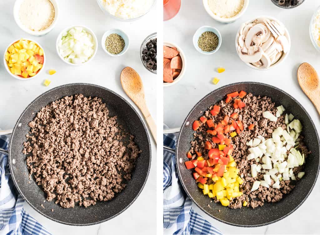 Ground beef is cooked in a skillet with bell peppers and onions.