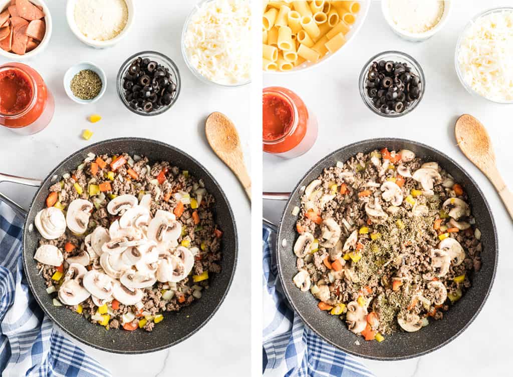 Mushrooms and seasonings are added to the ground beef mixture in the skillet.