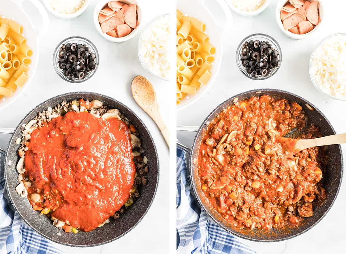 Marinara sauce is added to the skillet and combined with the ground beef mixture.