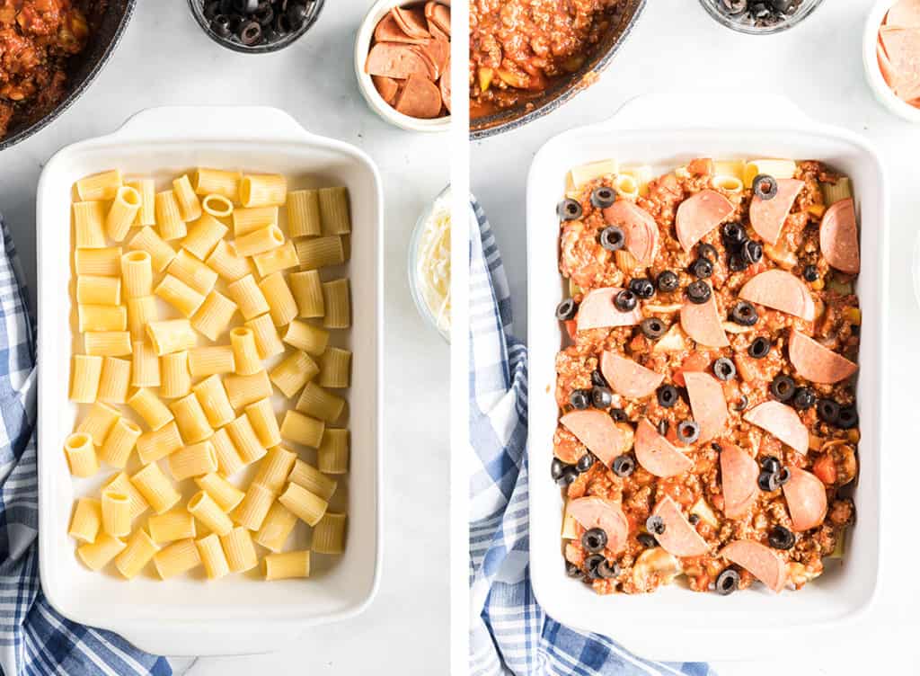 Cooked rigatoni is layered with ground beef mixture, pepperoni, and olives in a casserole dish.