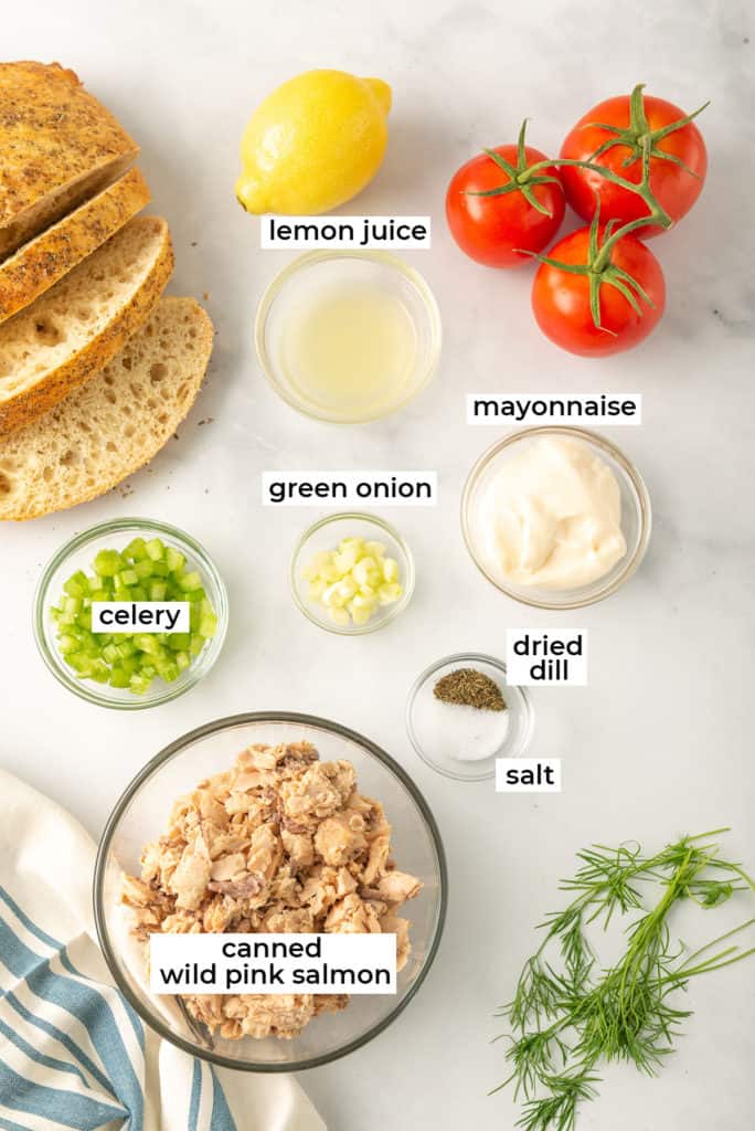 Canned pink salmon, celery, onion, and more ingredients for making salmon salad on a white surface with text overlay.