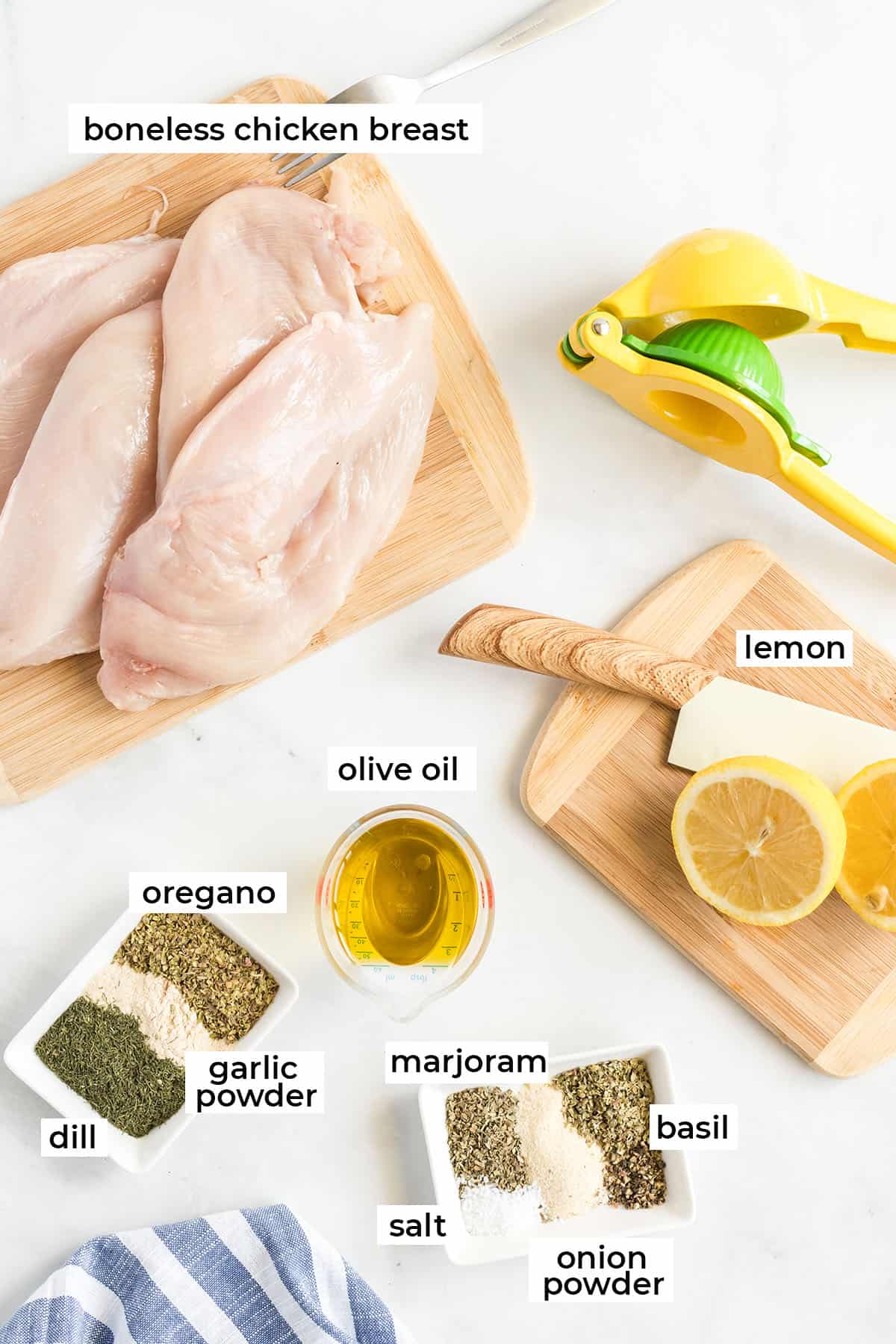 The ingredients to make Greek chicken with text overlay.