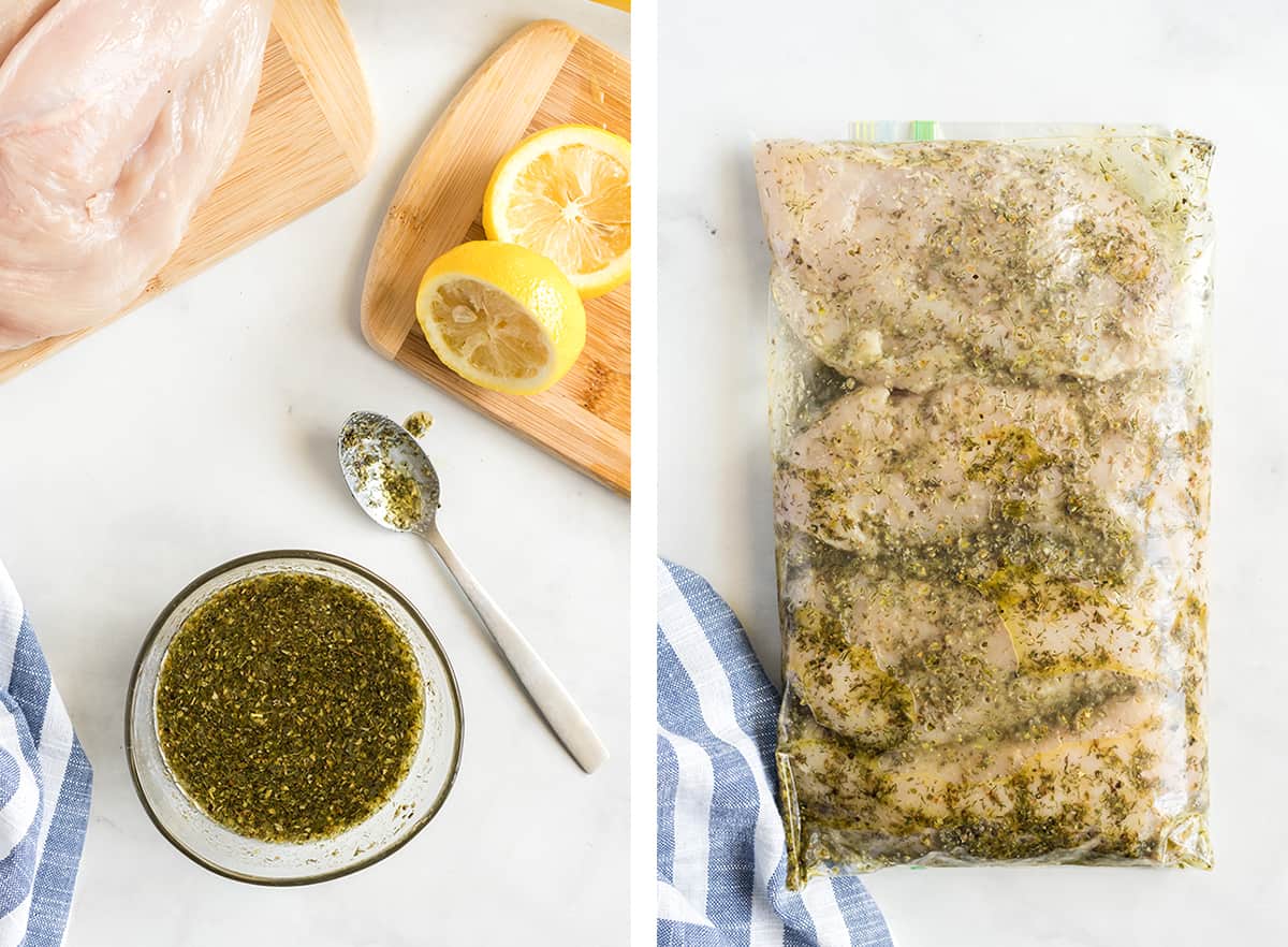 Greek chicken marinade in a small bowl and with chicken in a plastic storage bag.