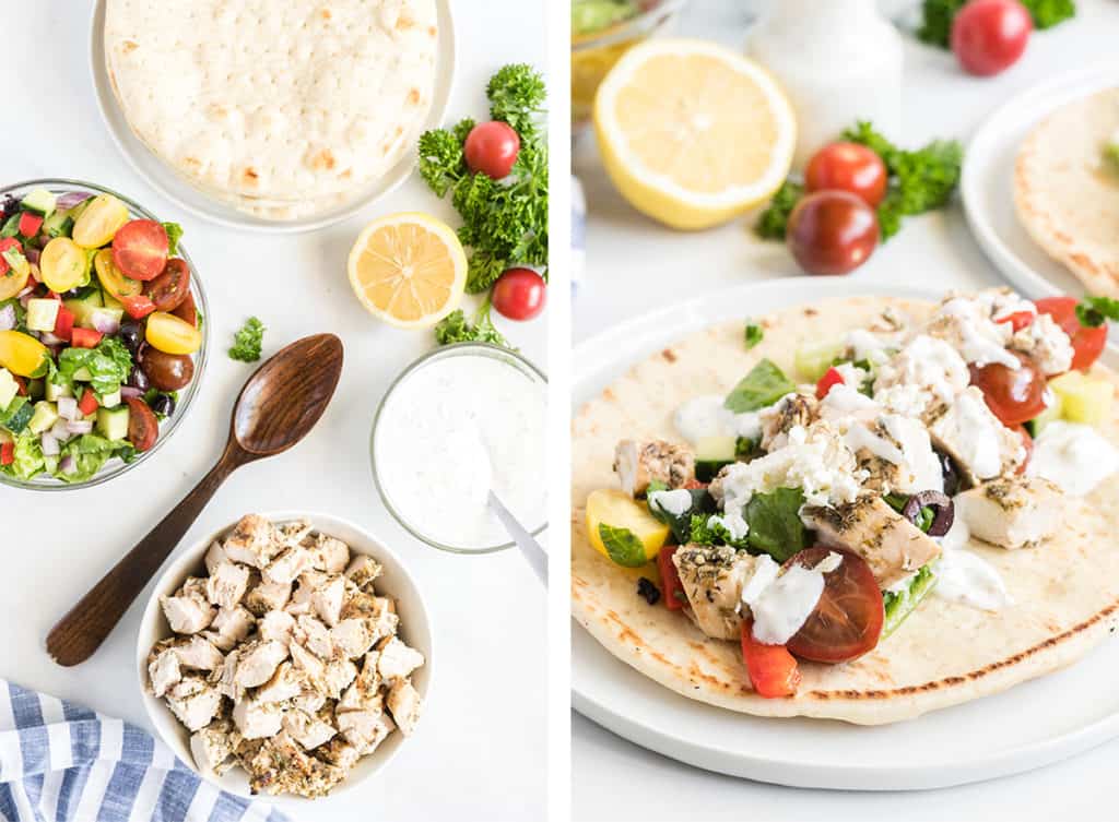 The ingredients are assembled on a pita.
