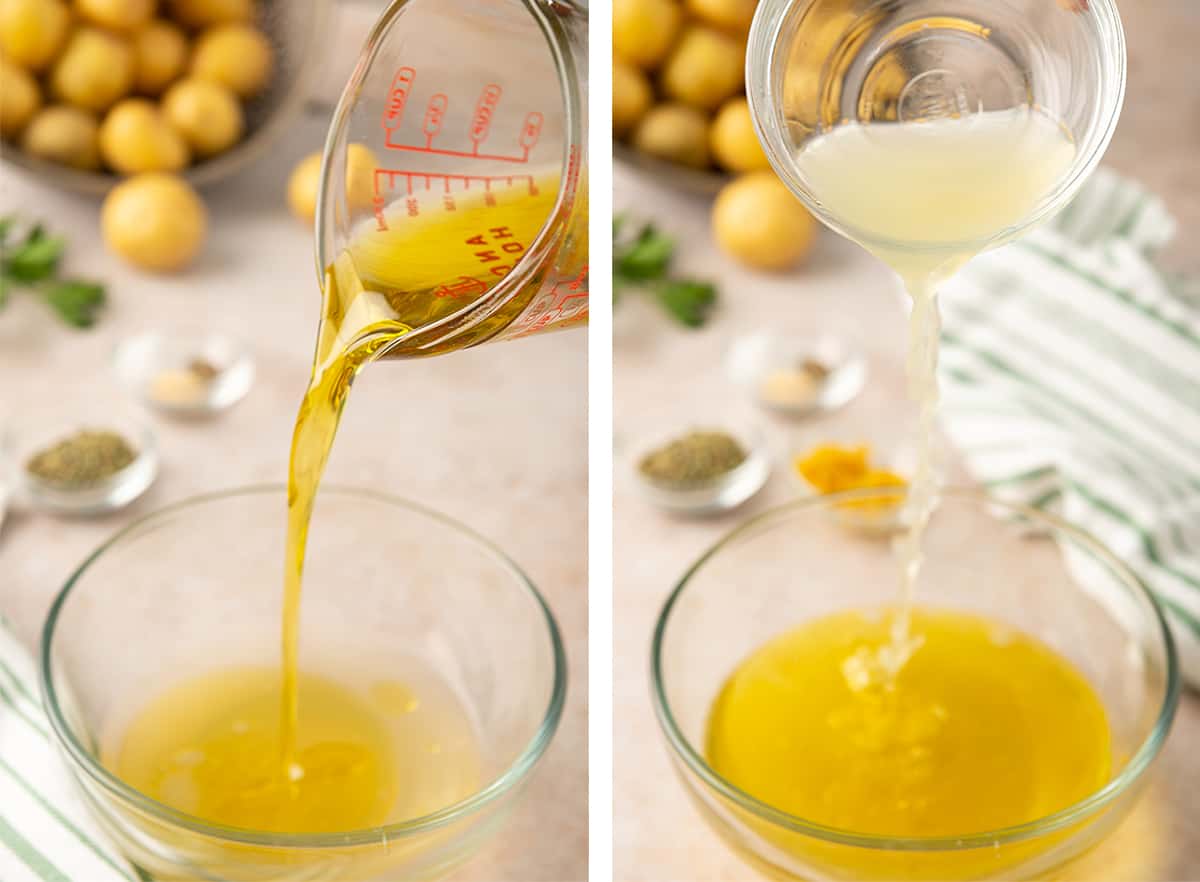 Olive oil and lemon juice are combined in a glass bowl.