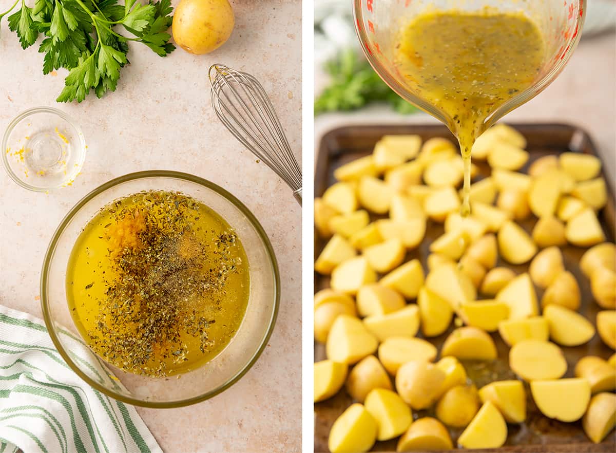 The oil and lemon mixture is poured over sliced potatoes on a baking sheet.