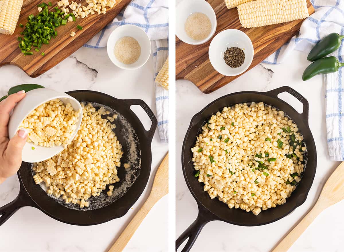 Corn is poured into a cast iron skillet.