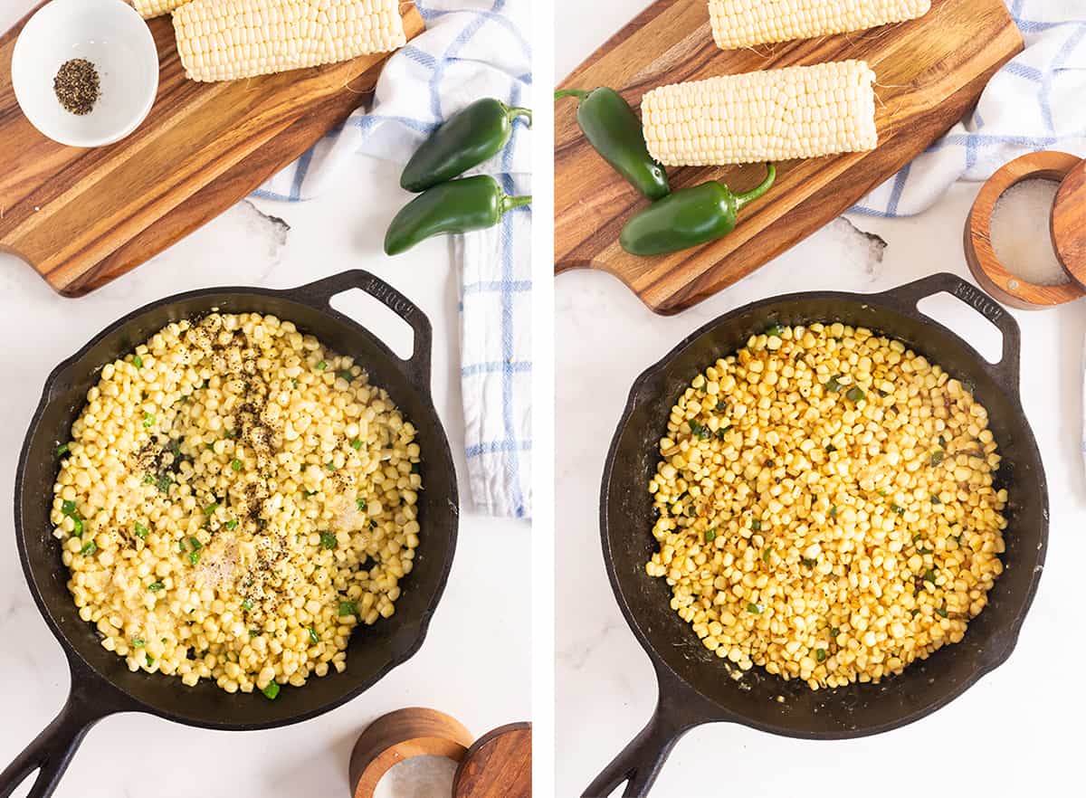 Sweet corn in a cast iron skillet.