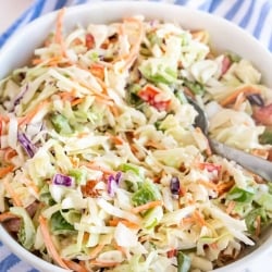 A white bowl filled with coleslaw with a spoon.