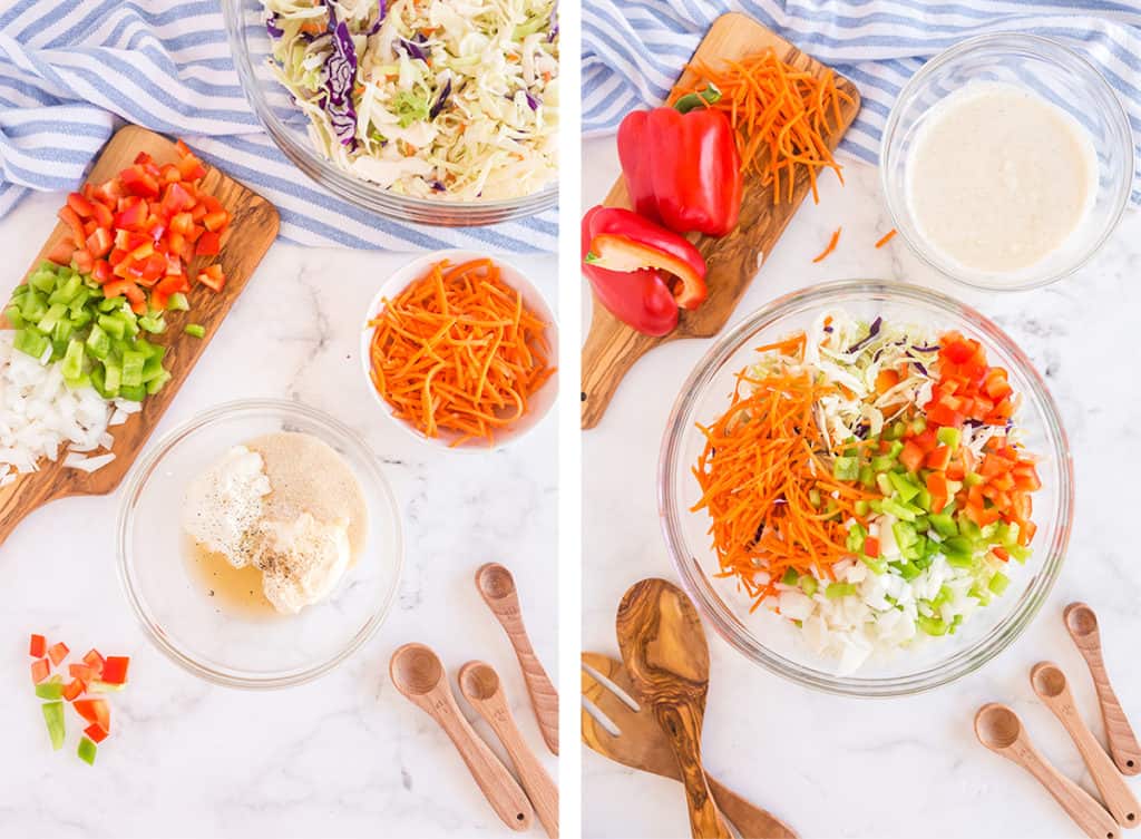 The coleslaw dressing and salad is combined in a mixing bowl.