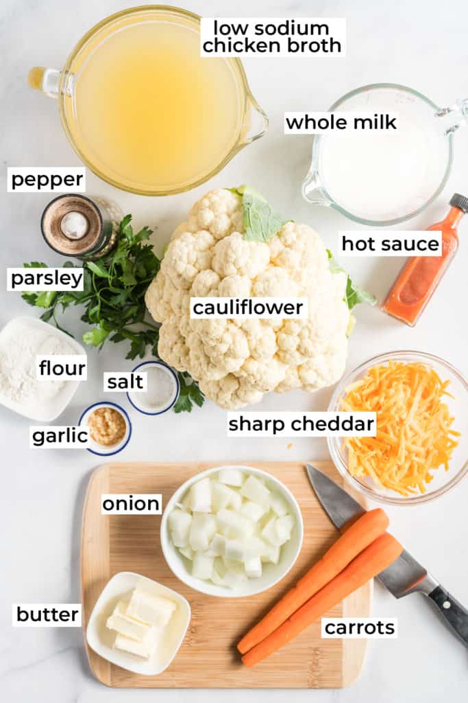 The ingredients needed to make Cauliflower Soup.