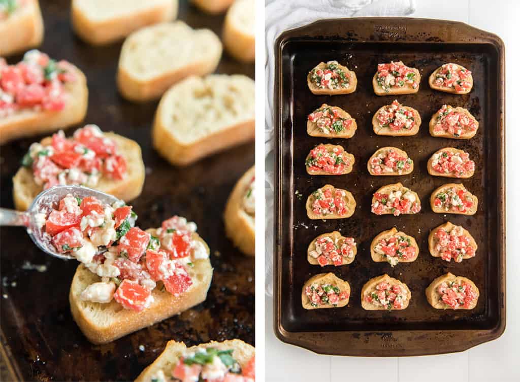 A spoon places bruschetta on sliced baguette on a baking sheet.