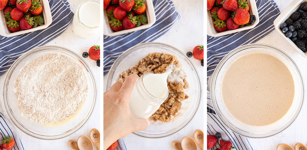 The dry ingredients and milk are added to the wet mixture in a glass mixing bowl.