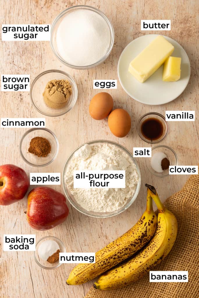 All the ingredients for Apple Banana Bread with text overlay.