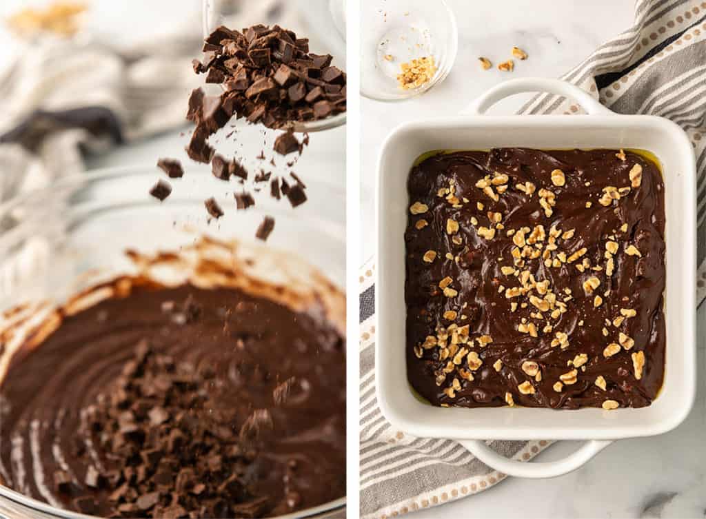 Pieces of chocolate are poured into batter and then the batter in a square baking dish.