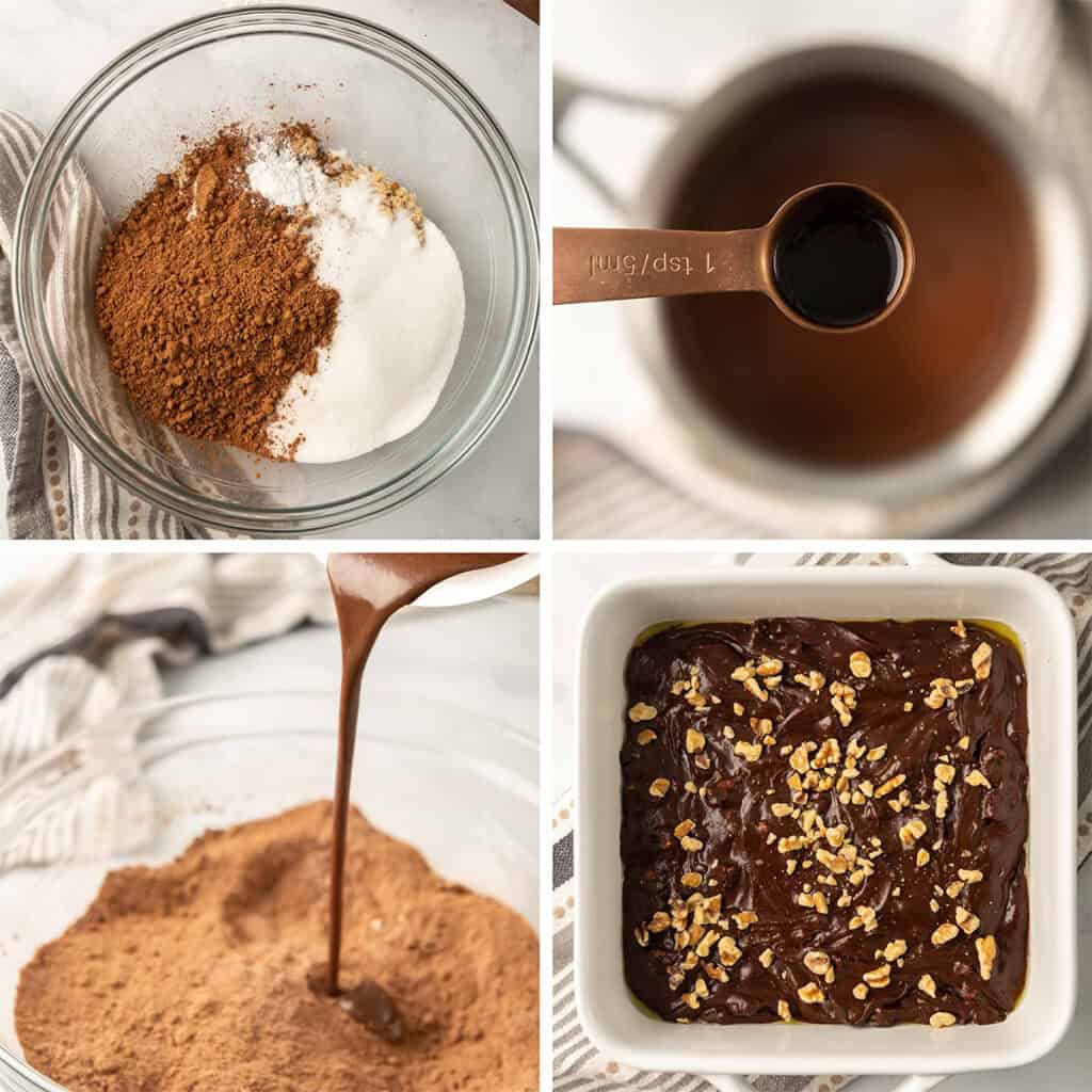 Four images of ingredients being combined to make brownie batter.