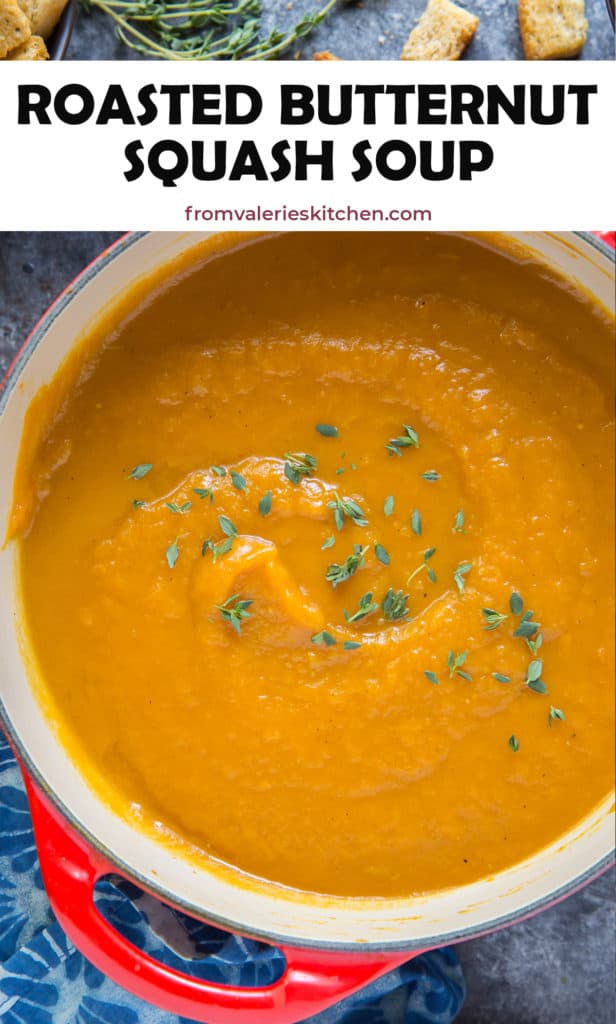 Butternut Squash Soup in a Dutch oven with text overlay.