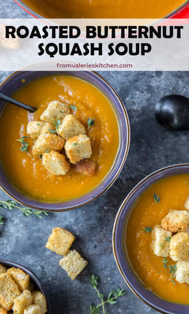 Bowls of soup topped with croutons with text overlay.