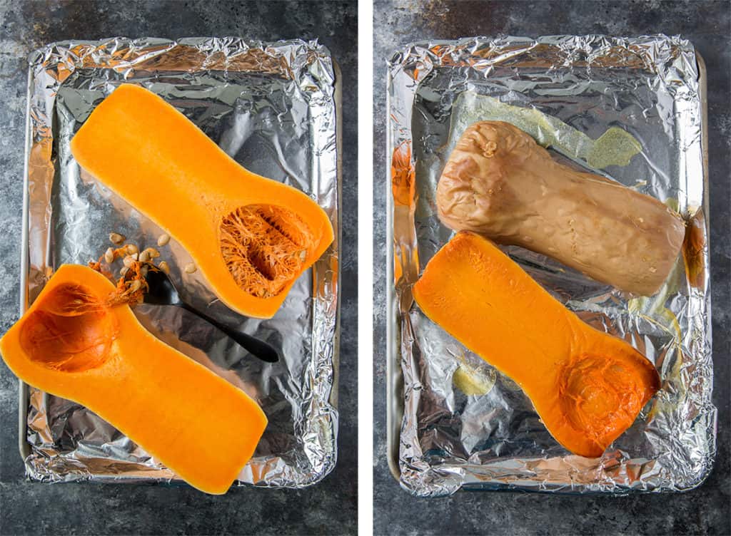 Halved butternut squash on a foil lined baking sheet.
