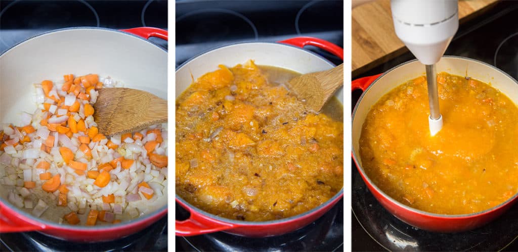 Onion, carrot and butternut squash cook in a Dutch oven.