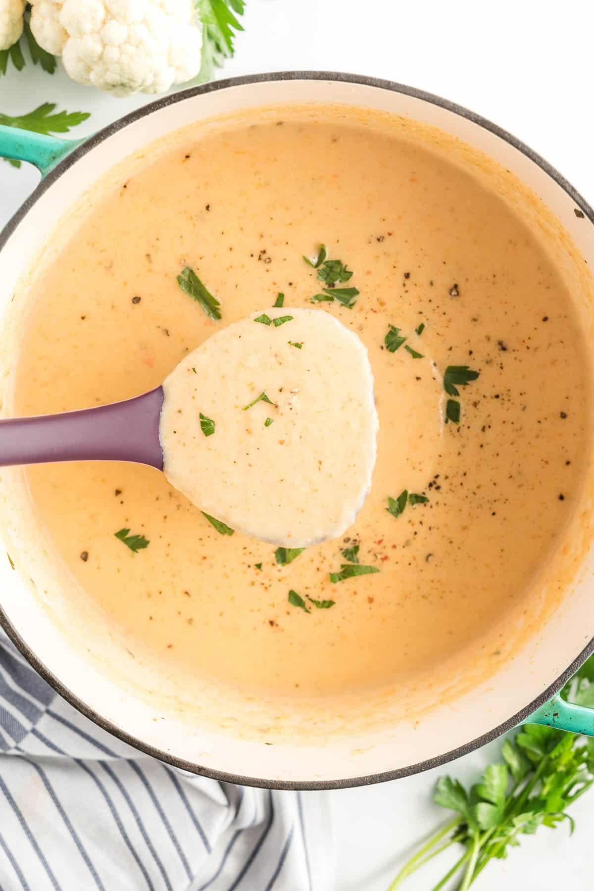 A ladle scoops soup from a pot.