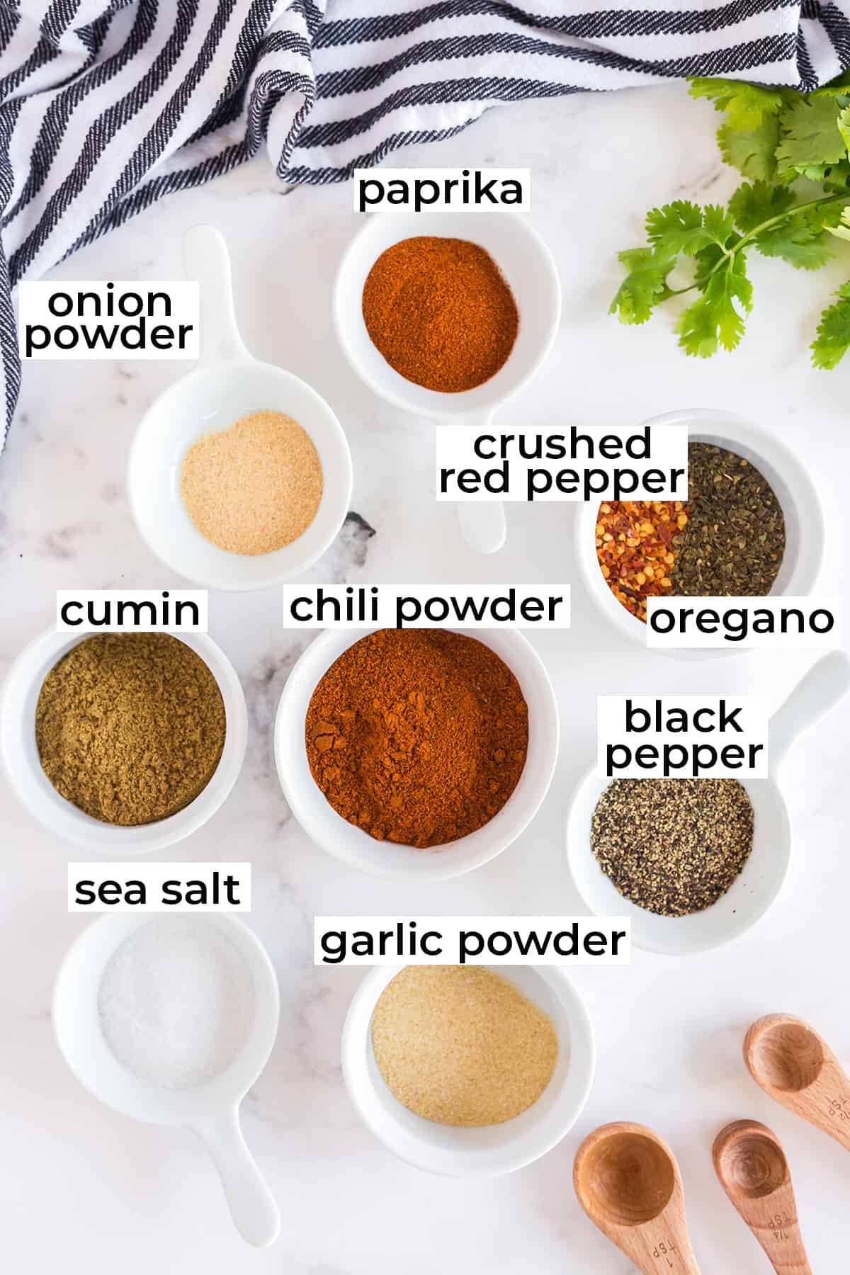 The ingredients for Homemade Taco Seasoning Mix.
