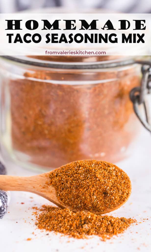 A small spoon filled with taco seasoning with text overlay.