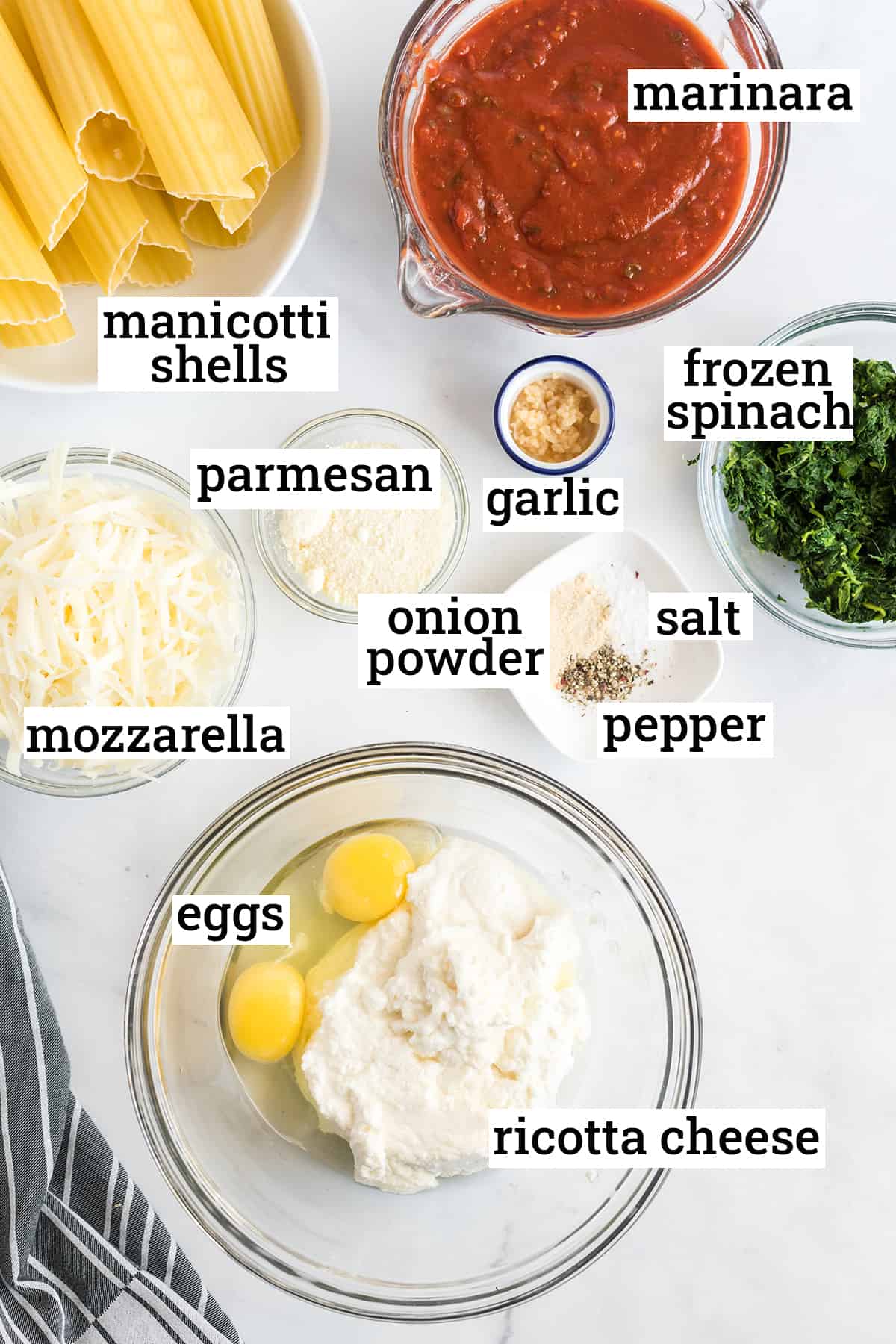 All the ingredients needed to make Manicotti with text overlay.