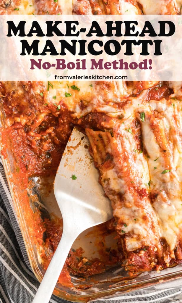 A spatula scoops manicotti from a dish with text overlay.