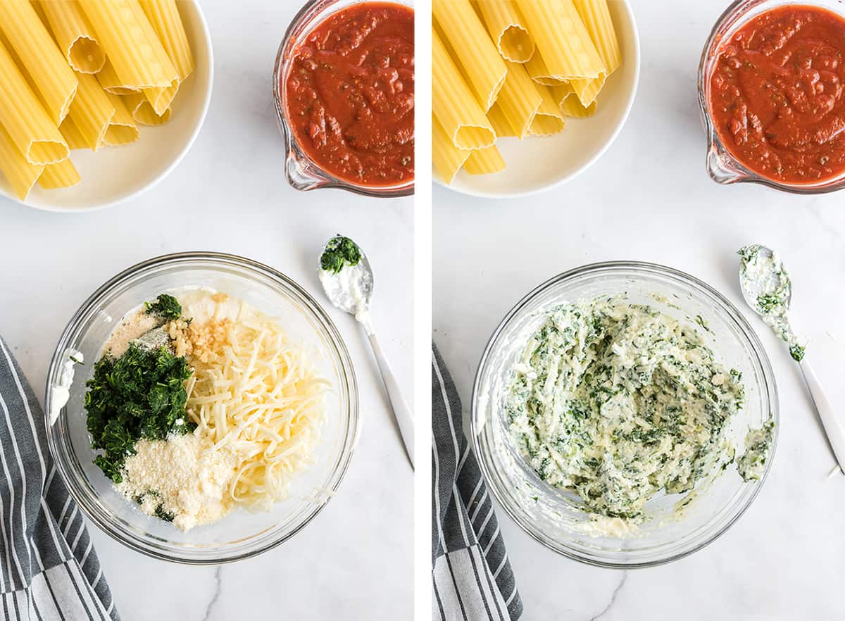 Cheese and spinach filling in a mixing bowl.