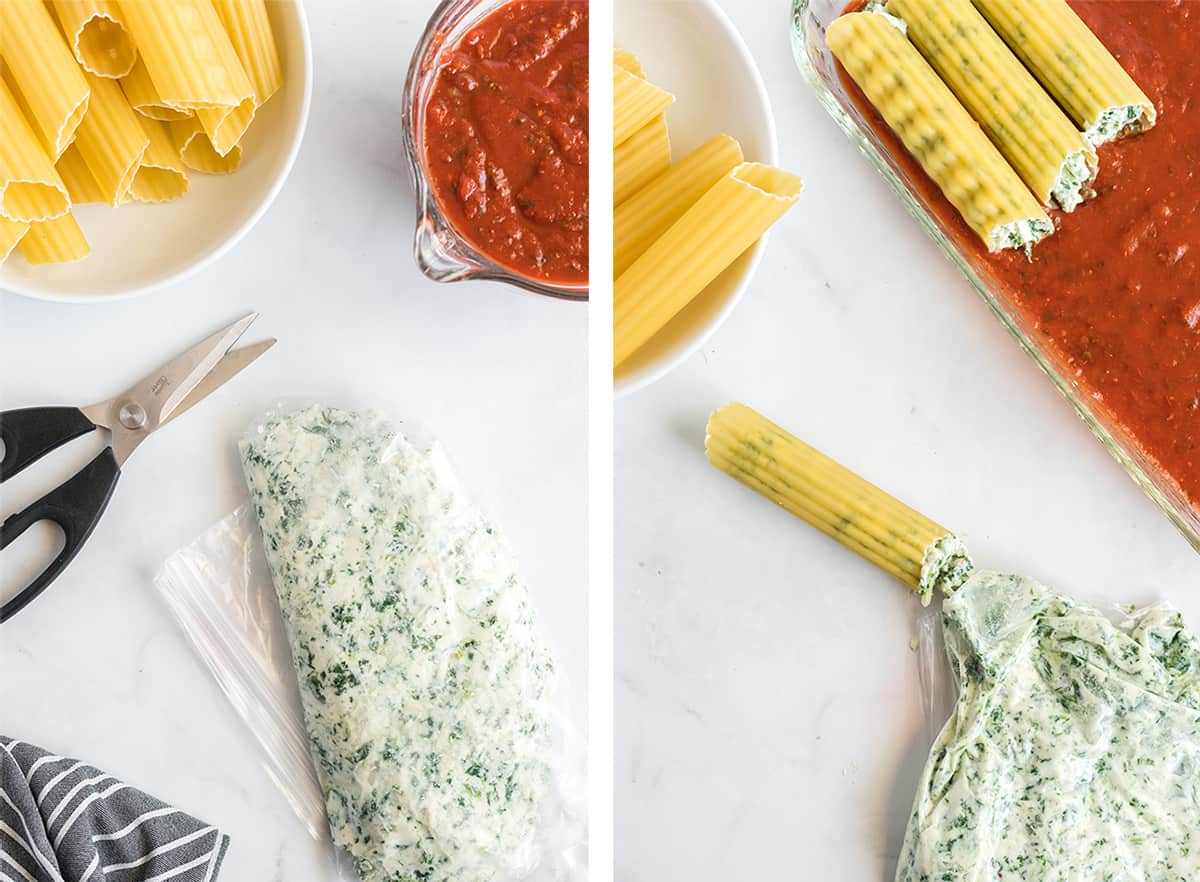 Filling is piped from a plastic bag into manicotti shells.