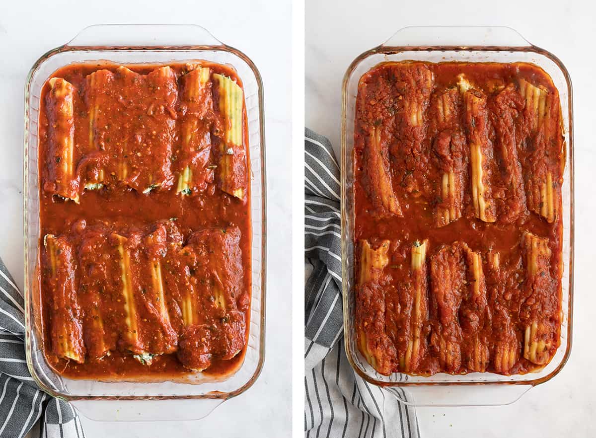Manicotti in a baking dish topped with marinara sauce.