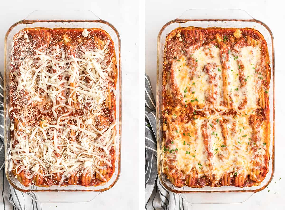 Manicotti in a baking dish topped with sauce and cheese.
