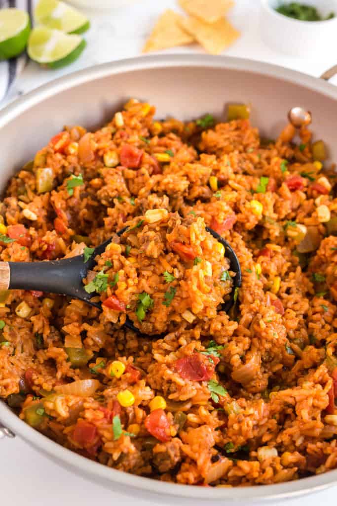 A skillet filled with Spanish Rice with Ground Beef.