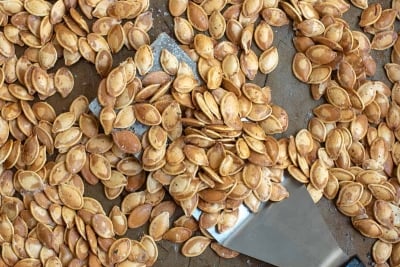 A spatula and baking sheet covered with roasted pumpkin seeds.