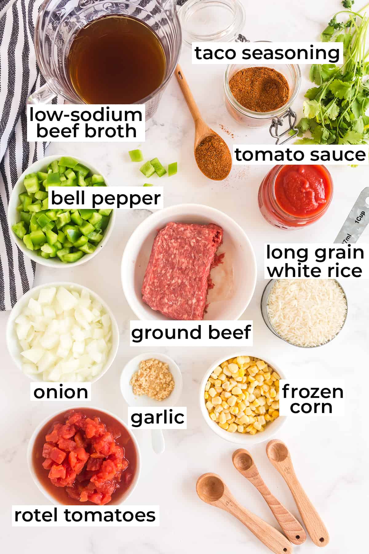 Ingredients for Spanish Rice with Ground Beef with text overlay.