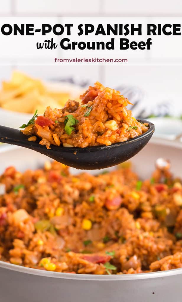 A spoon scoops Spanish Rice from a bowl with text overlay.