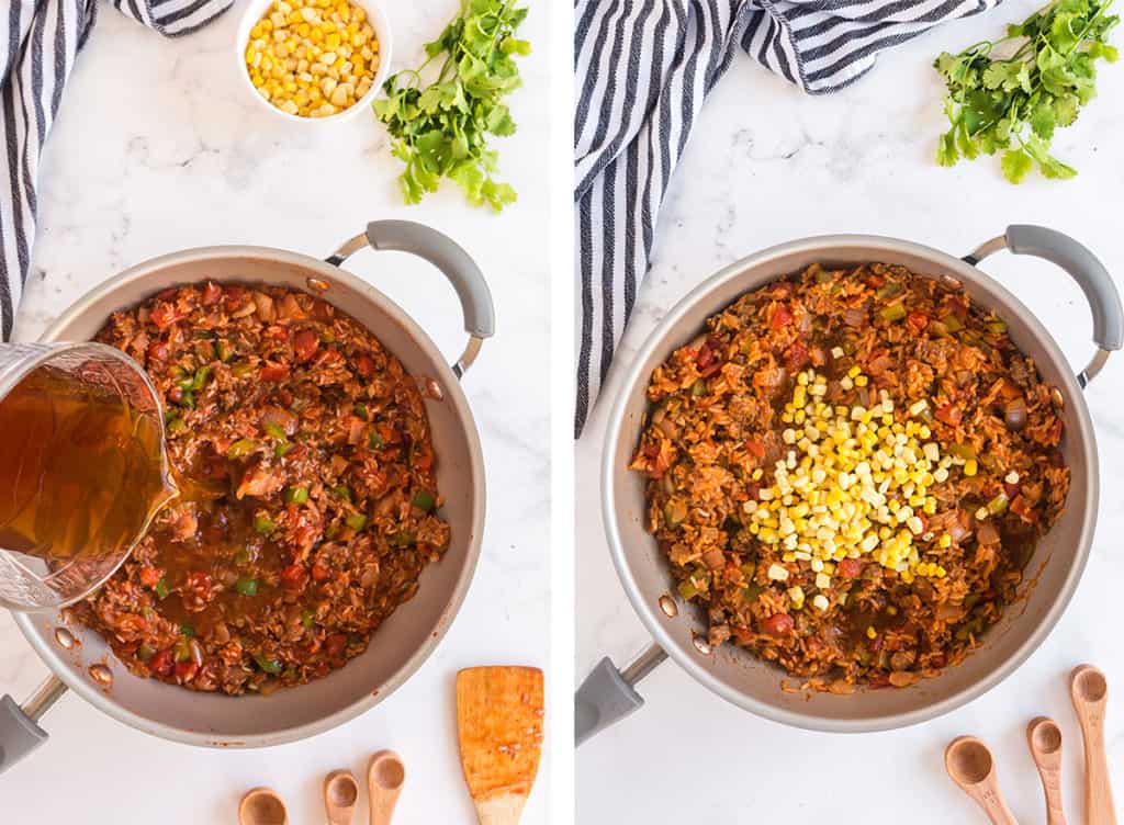 Beef broth and frozen corn are added to a skillet.