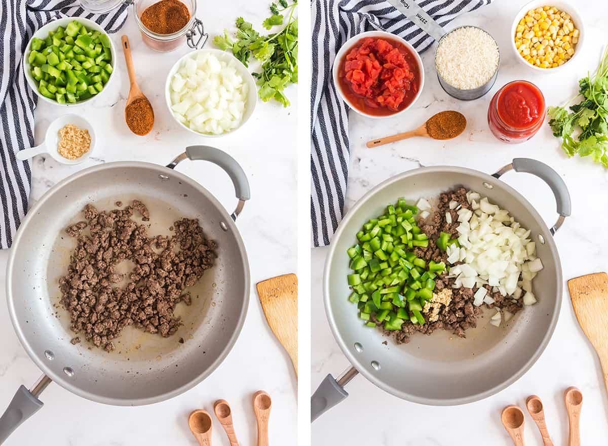 Ground beef, onion and bell pepper in a skillet.