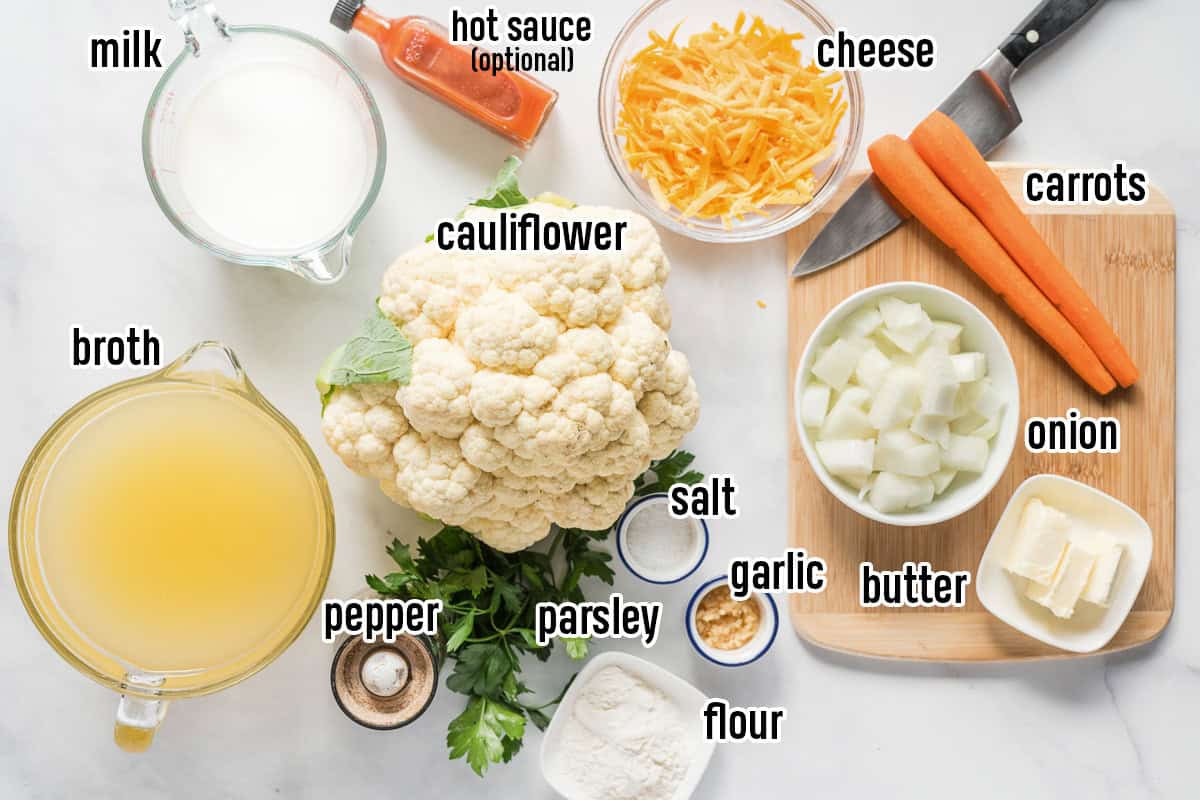 A head of cauliflower, carrots, broth and other ingredients with text overlay.