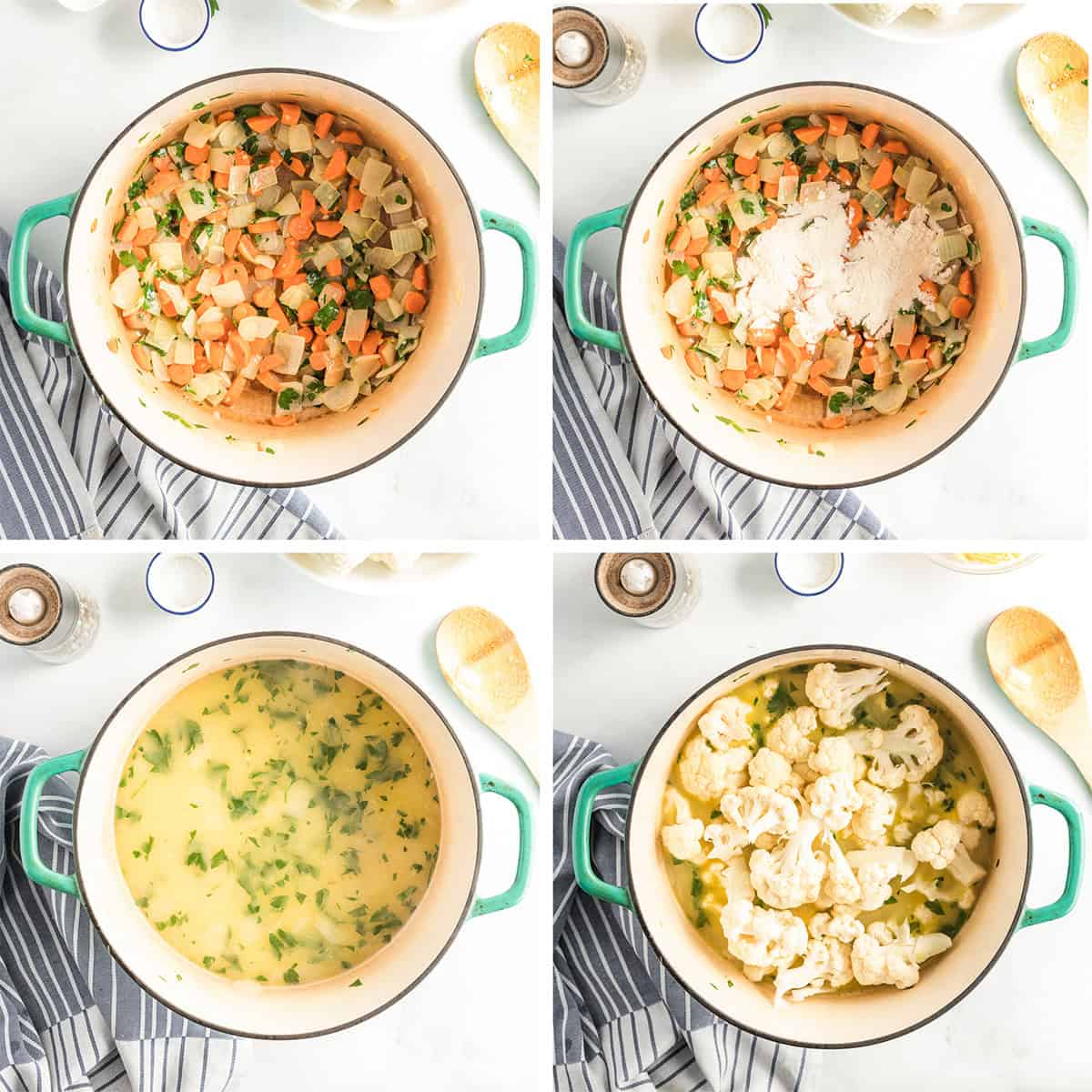 Four images of cauliflower soup ingredients being combined and cooked in a Dutch oven.