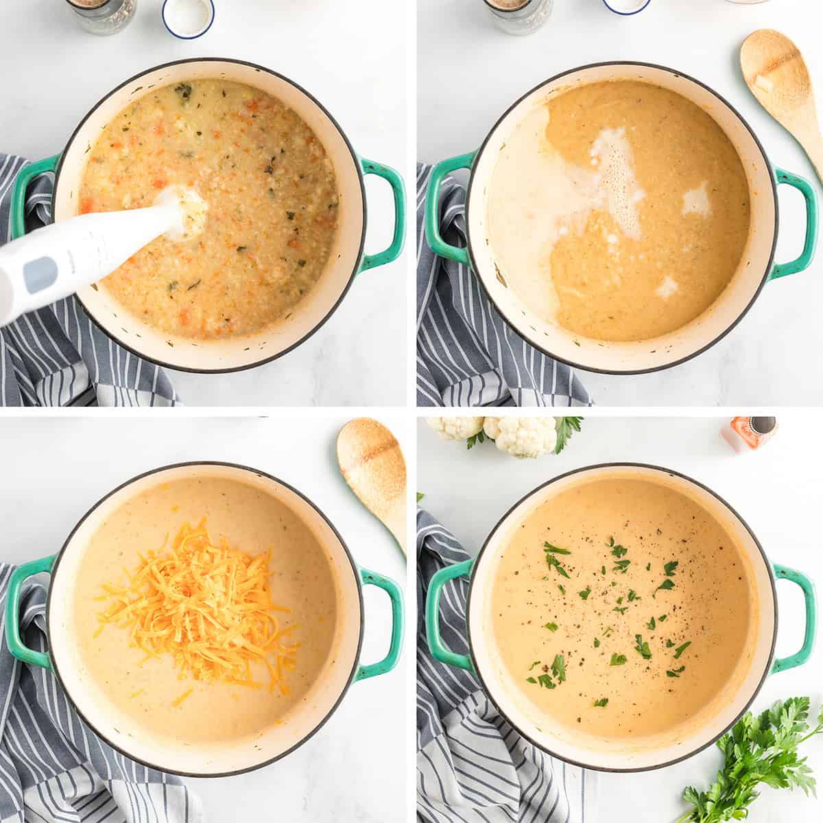 Four images of soup being pureed with an immersion blender and milk and cheese being added to the Dutch oven.