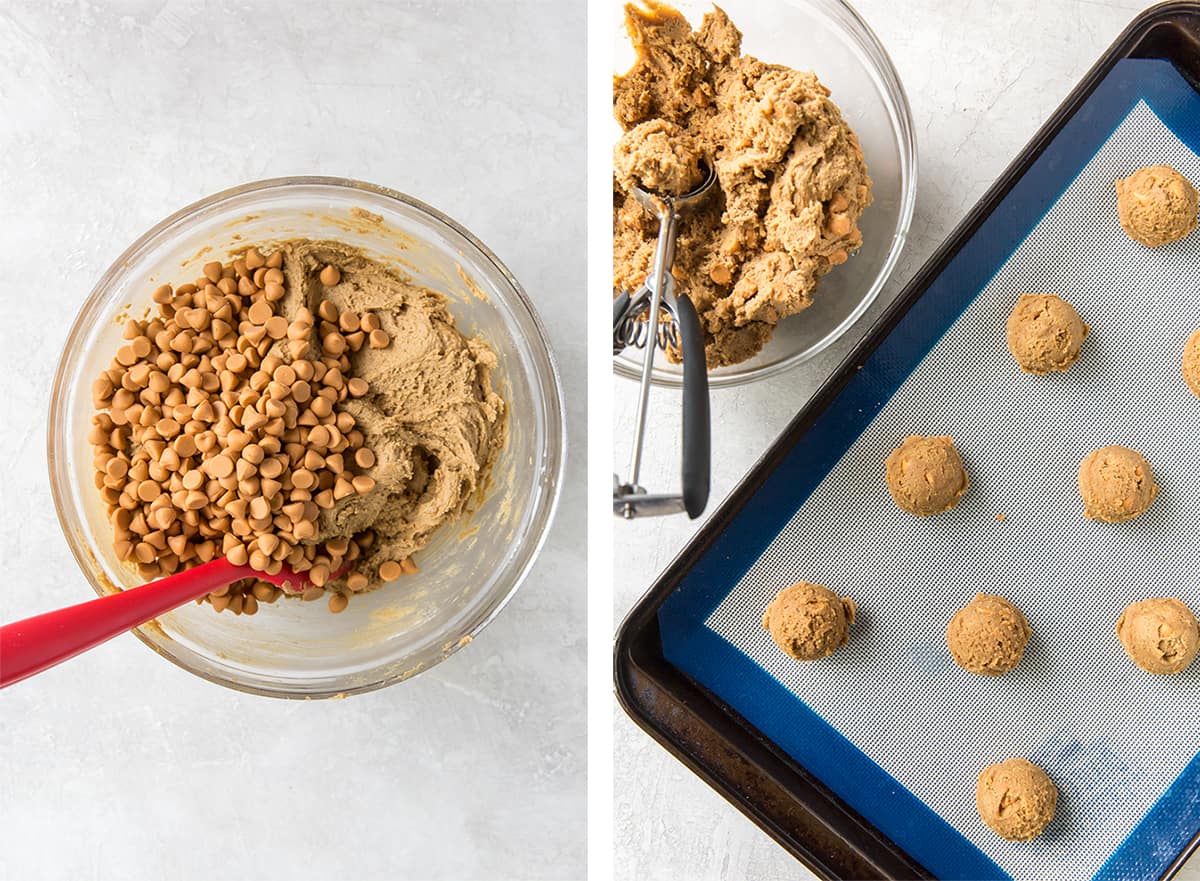 Cookie dough in a mixing bowl and rolled into balls on a baking sheet.