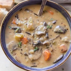 A close up image of a bowl of mushroom wild rice soup.