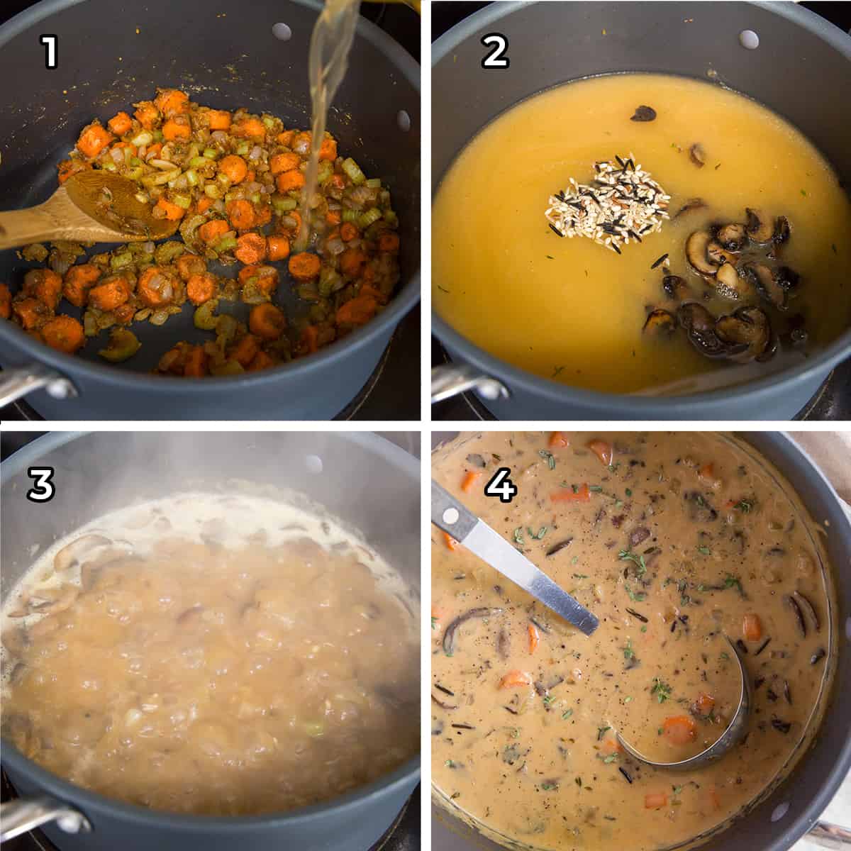 Broth, wild rice and mushrooms cooking in a pot.