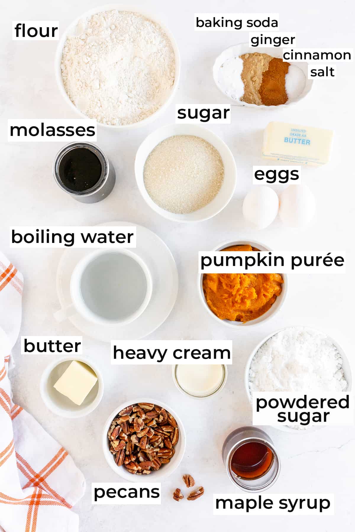 The ingredients needed for Pumpkin Gingerbread with Maple Pecan Icing.