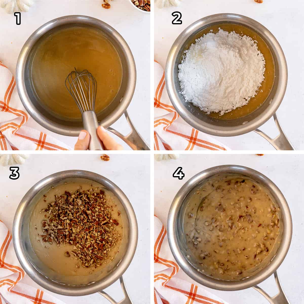 Ingredients for Maple Pecan Icing in a saucepan.
